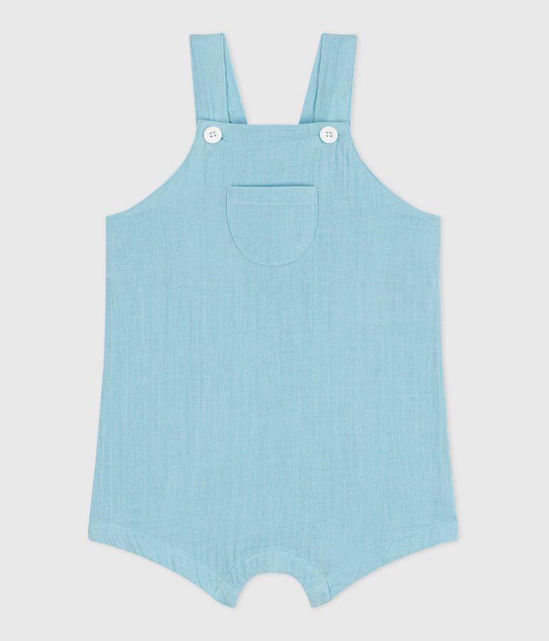 Babies' short-legged plain cotton gauze dungarees blue