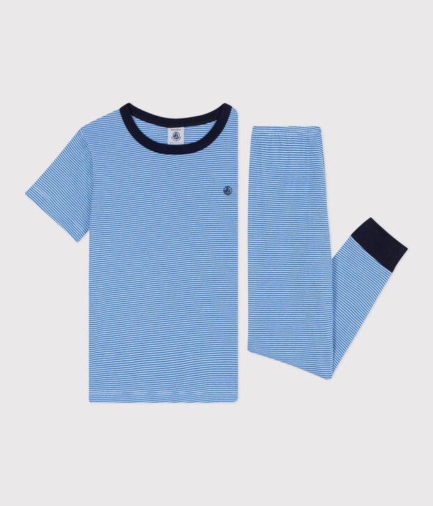 Children's short-sleeved long-leg stripy cotton pyjamas blue/white