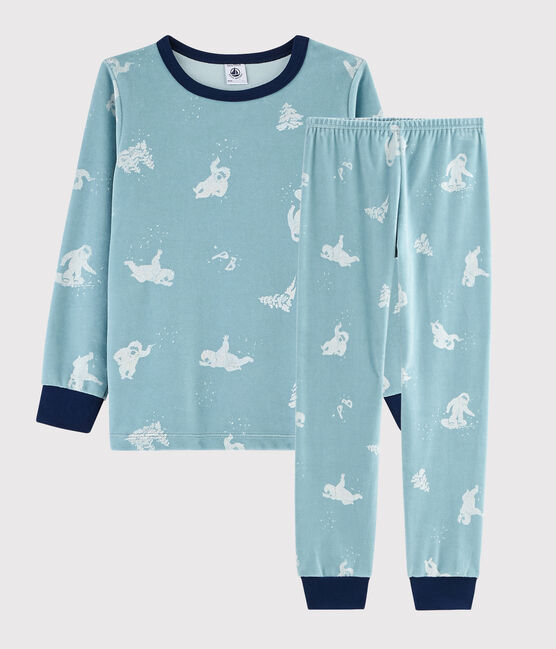 Boys' Yeti Print Velour Pyjamas BRUME blue/MARSHMALLOW