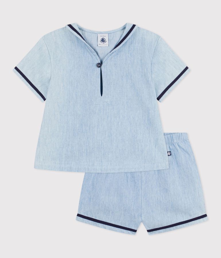 Babies' 2-piece set in chambray including a T-shirt with a sailor collar BLEU CLAIR blue