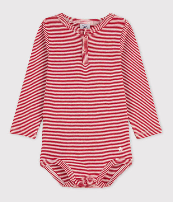 Babies' Stripy Long-Sleeved Cotton Henley Bodysuit STOP /MARSHMALLOW