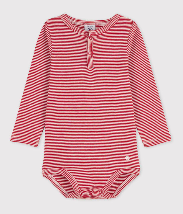 Babies' Stripy Long-Sleeved Cotton Henley Bodysuit red/white