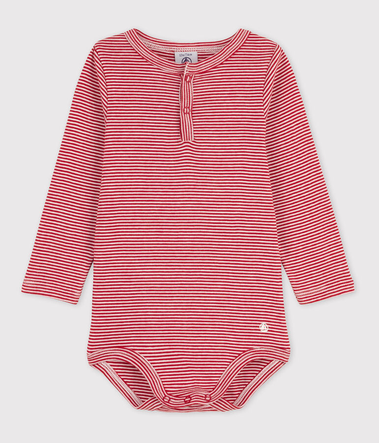 Babies' Stripy Long-Sleeved Cotton Henley Bodysuit red/white