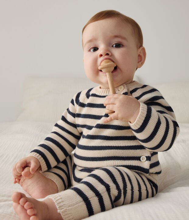 Babies' Wool/Cotton Knit Sailor Striped Clothing - 2-Piece Set Ecru/blue