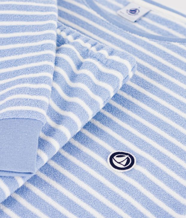Women's stripy cotton terry pyjamas blue/ecru