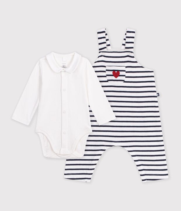 Babies' stripy cotton dungarees and collared body set white/blue