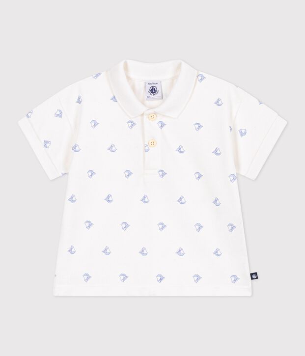 Babies' short-sleeved cotton polo shirt printed with vintage boats white/blue