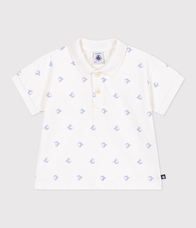 Babies' short-sleeved cotton polo shirt printed with vintage boats white/blue