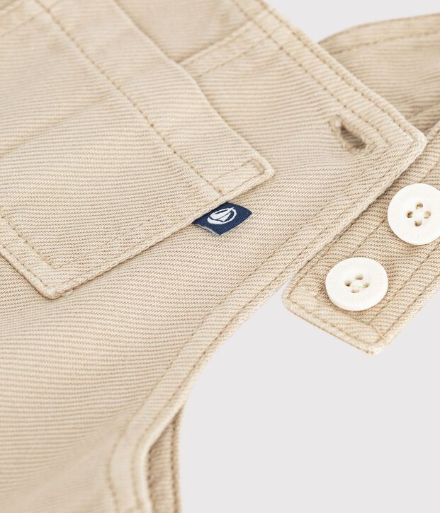 Babies' long-leg plain twill dungarees beige