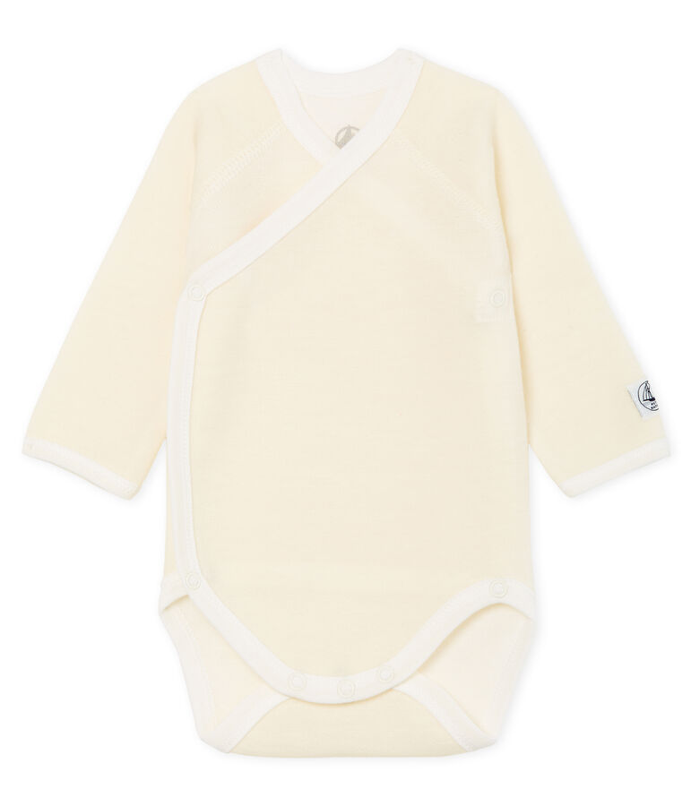 Newborn babies' long-sleeved cotton and wool bodysuit white