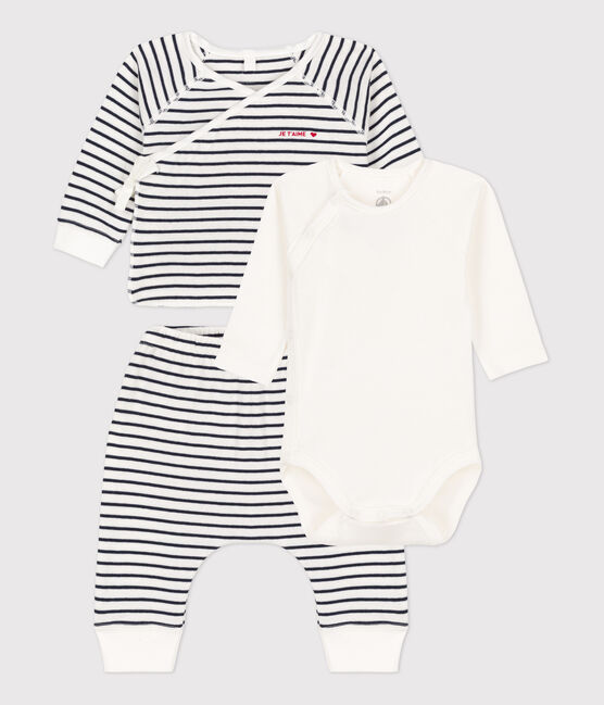 Babies' Organic Iconic Tube Knit Clothing - 3-Piece Set MARSHMALLOW white/SMOKING blue