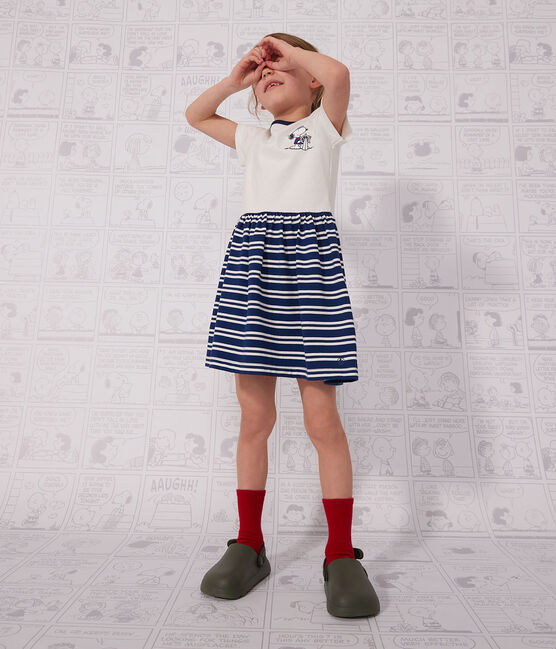 Girls' Short-Sleeved Cotton Dress MEDIEVAL blue/MARSHMALLOW white