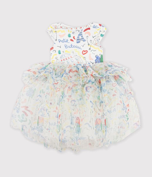 Children's short-sleeved dress in printed cotton and tulle white/multicolor