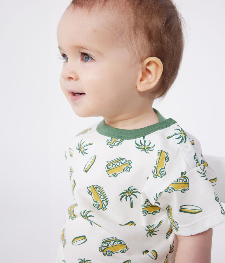 Babies' short-sleeved boat print cotton T-shirt white/yellow