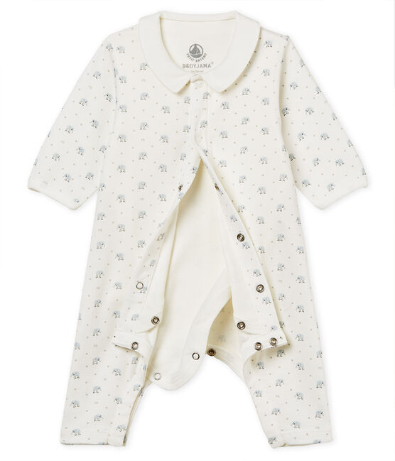 Baby boys' footless bodyjama in printed 1x1 rib knit MARSHMALLOW white/MULTICO white