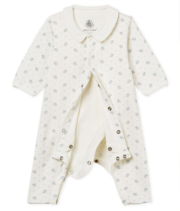 Baby boys' footless bodyjama in printed 1x1 rib knit white/multicolor