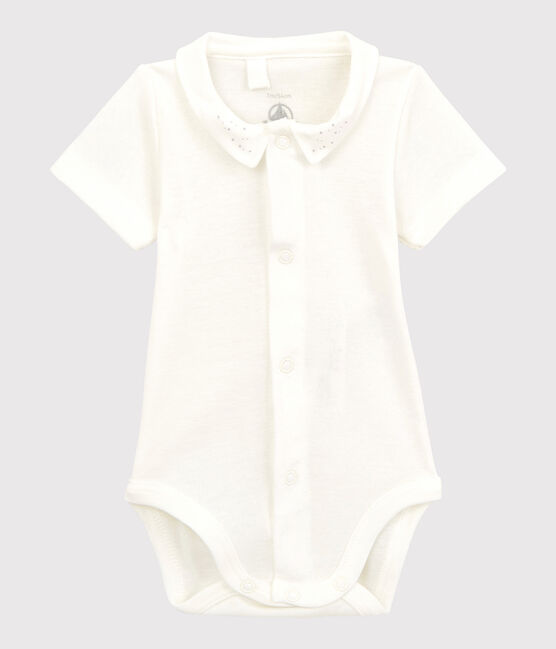 Babies' White Short-Sleeved Organic Cotton Bodysuit with Collar MARSHMALLOW white