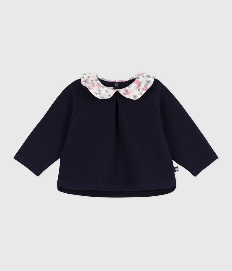 Babies' plain cotton sweatshirt with a printed collar blue