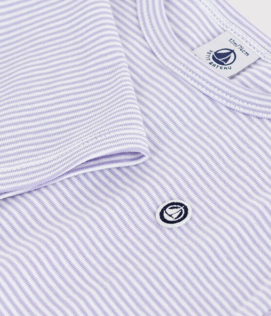 Babies' long-sleeved stripy cotton T-Shirt SQUAW white/MARSHMALLOW