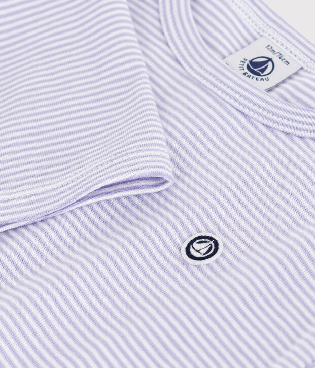Babies' long-sleeved stripy cotton T-Shirt purple/white