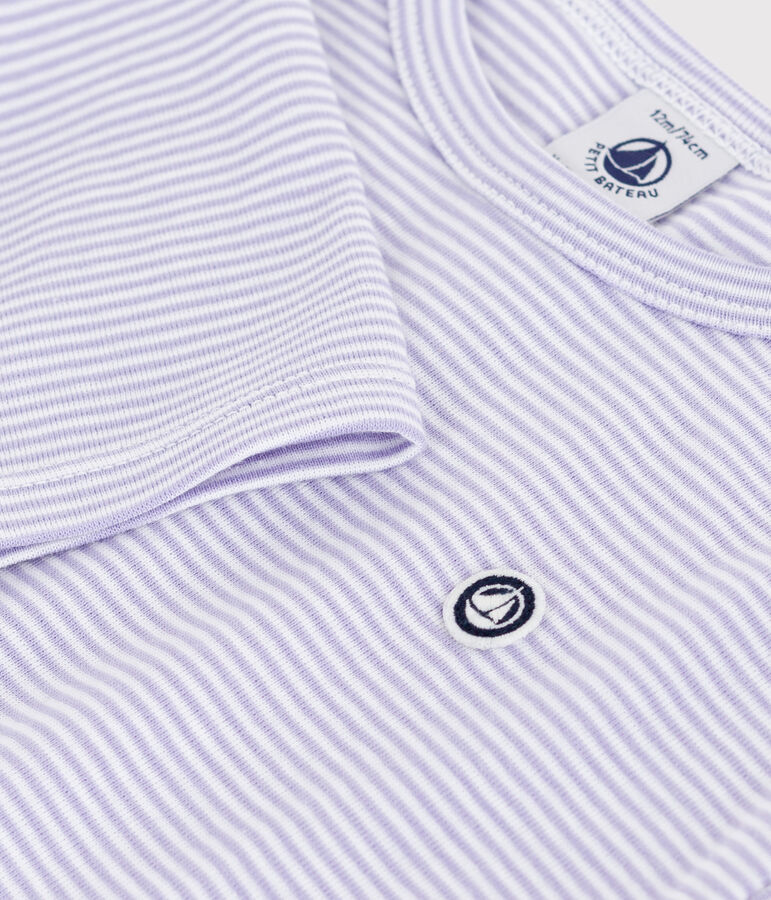 Babies' long-sleeved stripy cotton T-Shirt purple/white