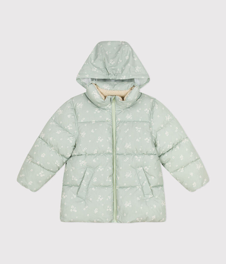 Girls' puffer jacket with a retractable hood HERBIER green/MULTICO white