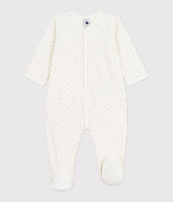 Babies' little heart-print velour pyjama suit MARSHMALLOW white/MISTIGRI white