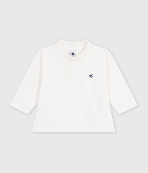 Babies' long-sleeved plain cotton polo shirt white