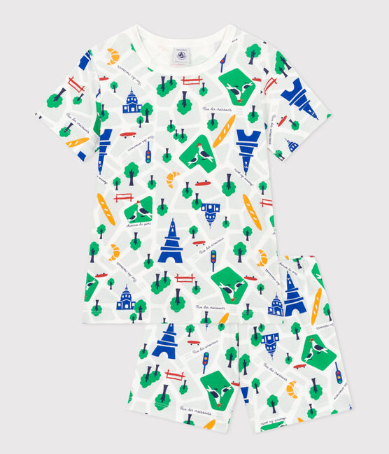 Children's Short Cotton Paris Print Pyjamas MARSHMALLOW white/MEDIEVAL blue/MULTICO