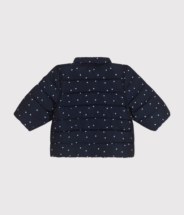 Babies' printed puffer jacket with a retractable hood blue/white