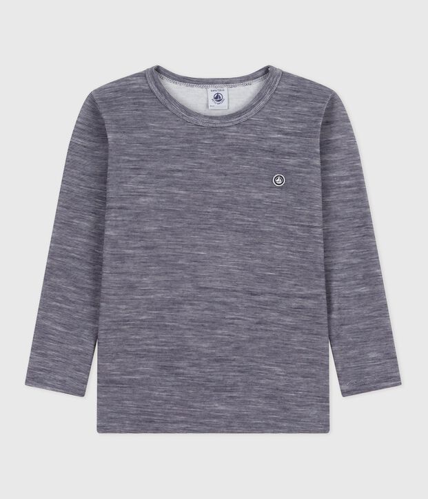 Children's long-sleeved stripy wool and cotton T-shirt blue/white