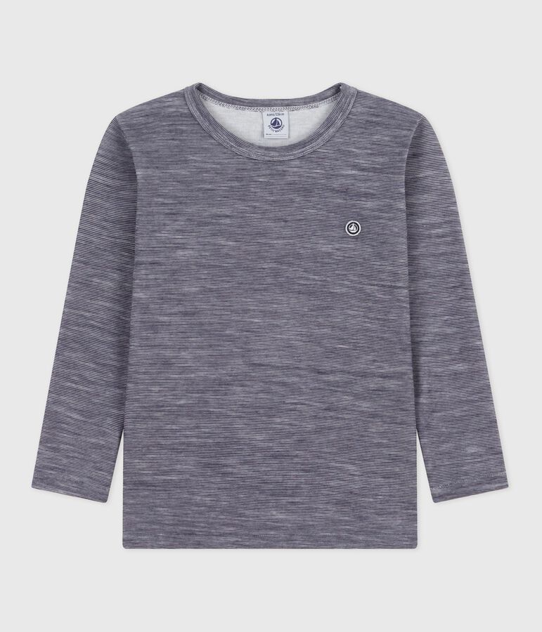 Children's long-sleeved stripy wool and cotton T-shirt blue/white