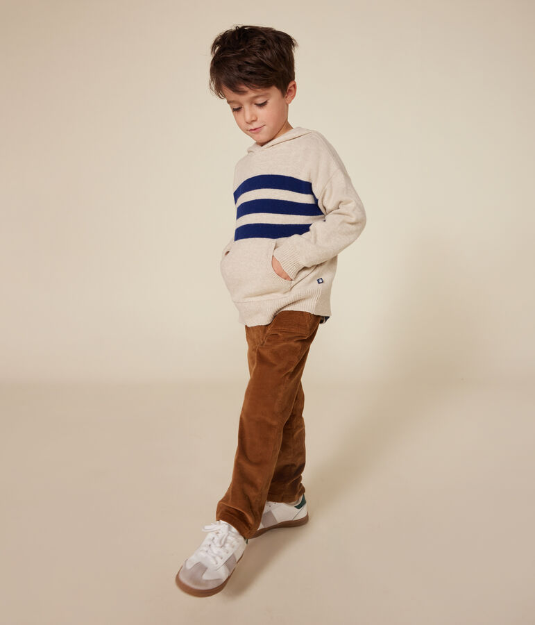 Boys' wool and cotton hooded jumper Ecru/blue