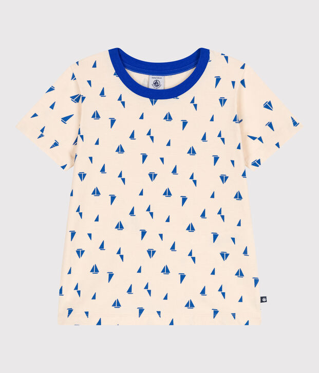 Children's short-sleeved printed cotton T-shirt Ecru/blue