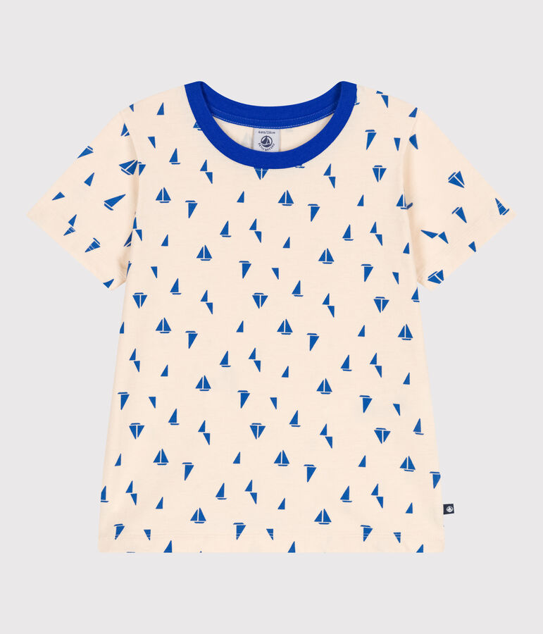 Children's short-sleeved printed cotton T-shirt Ecru/blue