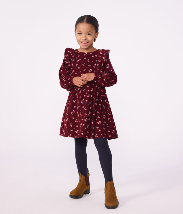 Girls' long-sleeved dress in floral velour red/multicolor