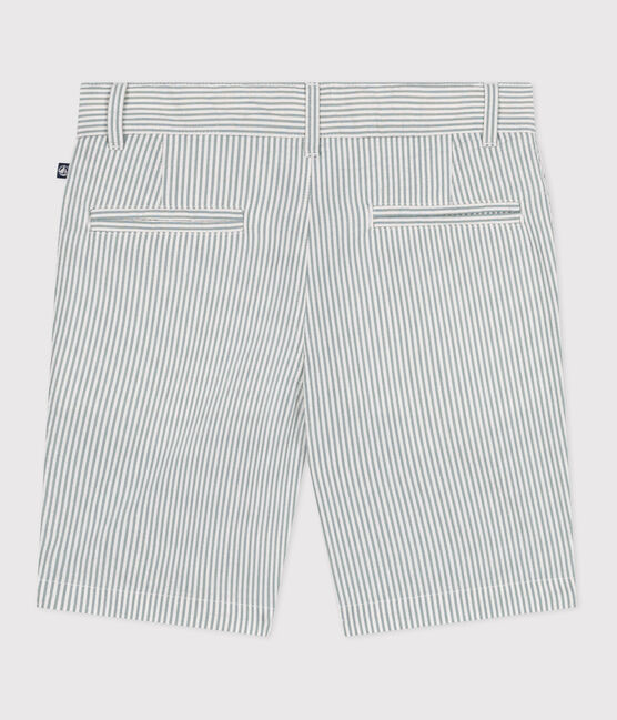 Children's stripy cotton Bermuda shorts MARSHMALLOW white/BRUT blue