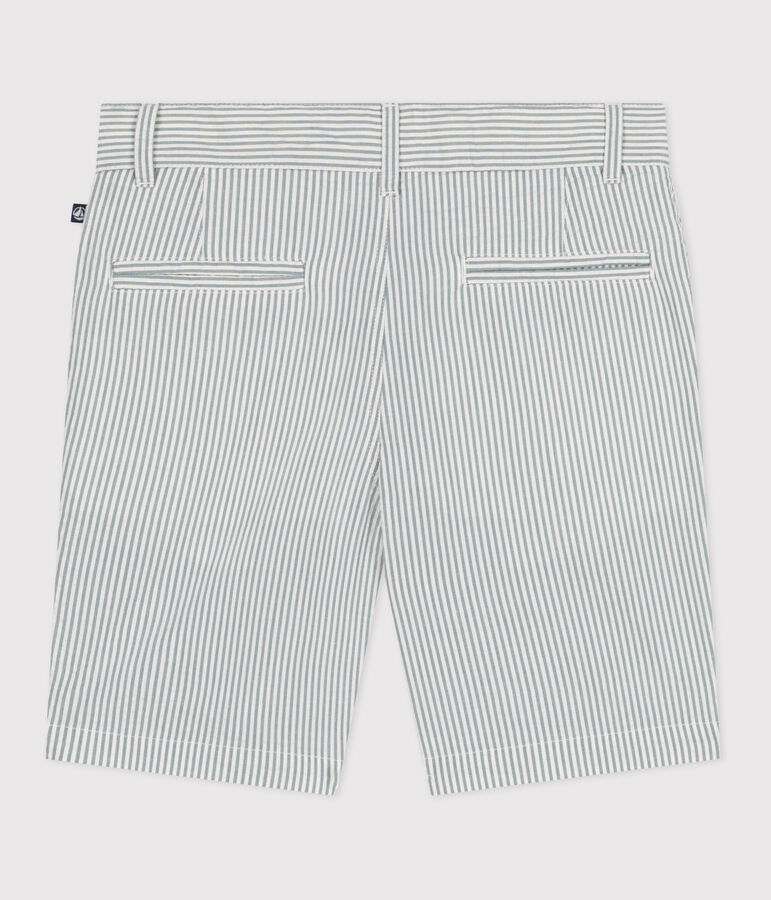 Children's stripy cotton Bermuda shorts MARSHMALLOW white/BRUT blue