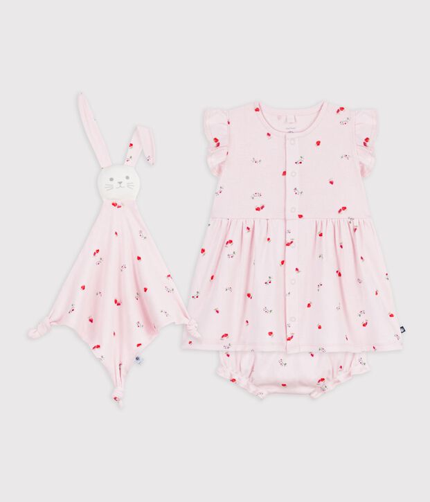 Babies' dress and comforter gift set in flower-printed cotton pink/multicolor