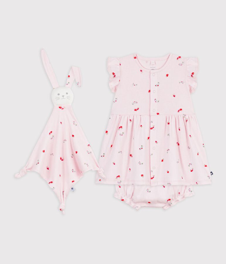 Babies' dress and comforter gift set in flower-printed cotton pink/multicolor
