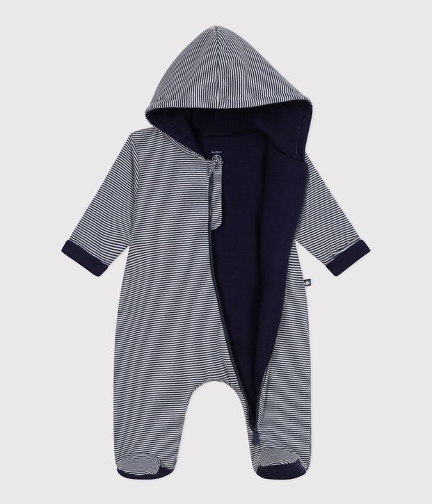 Babies' stripy padded jumpsuit with a hood and feet blue/white