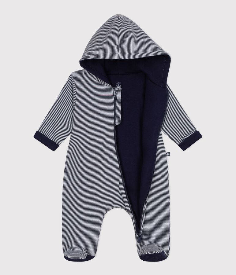 Babies' stripy padded jumpsuit with a hood and feet SMOKING blue/MARSHMALLOW white