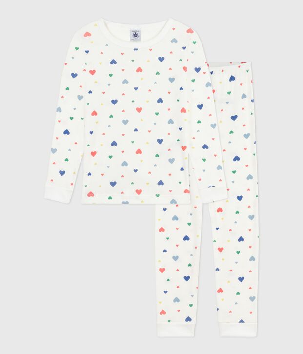 Children's cotton pyjamas with heart print, very fitted white/multicolor