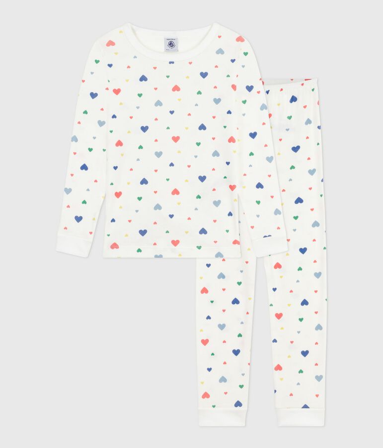Children's cotton pyjamas with heart print, very fitted white/multicolor