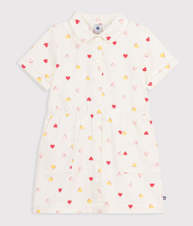 Children's short-sleeved cotton dress printed with hearts Ecru/multicolor