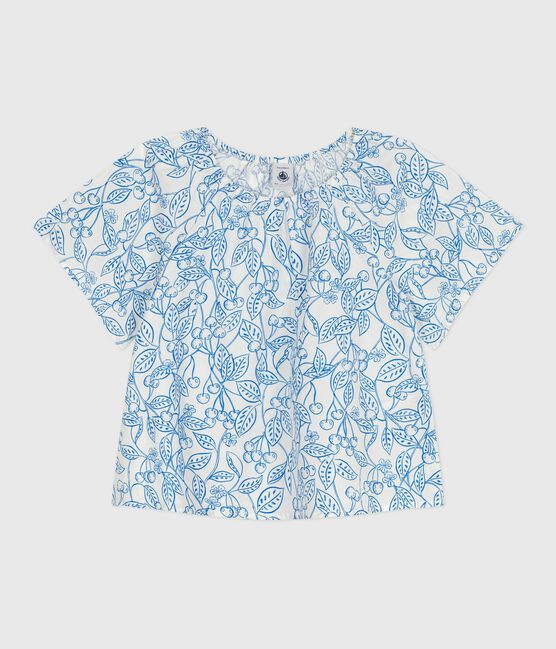 Children's short-sleeved cherry print cotton blouse MARSHMALLOW blue/PORCELANA