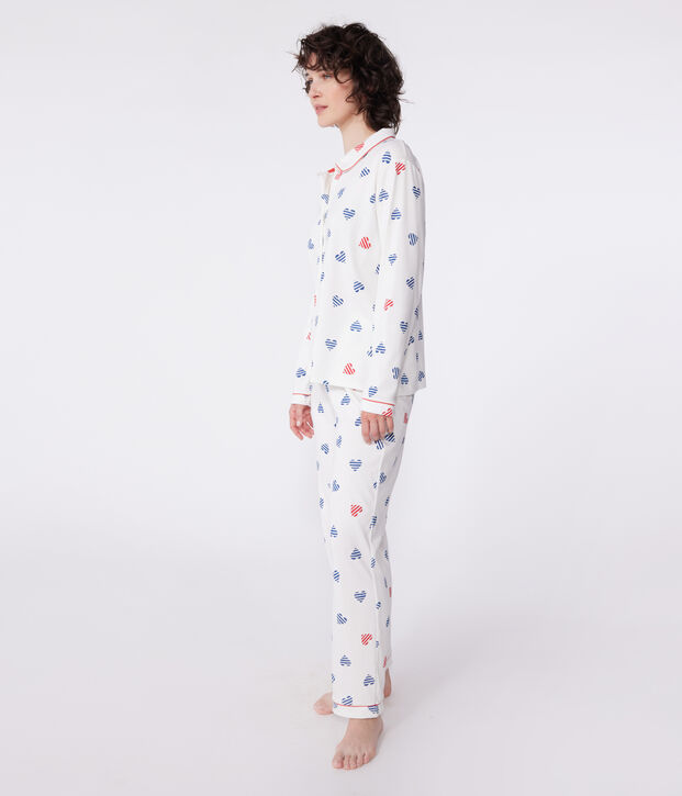 Women's buttoned cotton pajamas with heart print white/multicolor