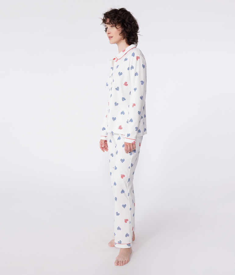 Women's buttoned cotton pajamas with heart print MARSHMALLOW white/MULTICO white