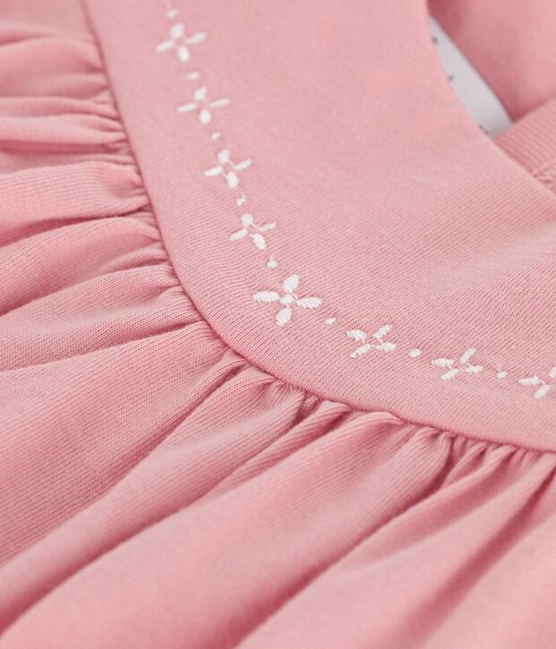 Babies' sleeveless plain cotton dress with embroidered details on the collar pink