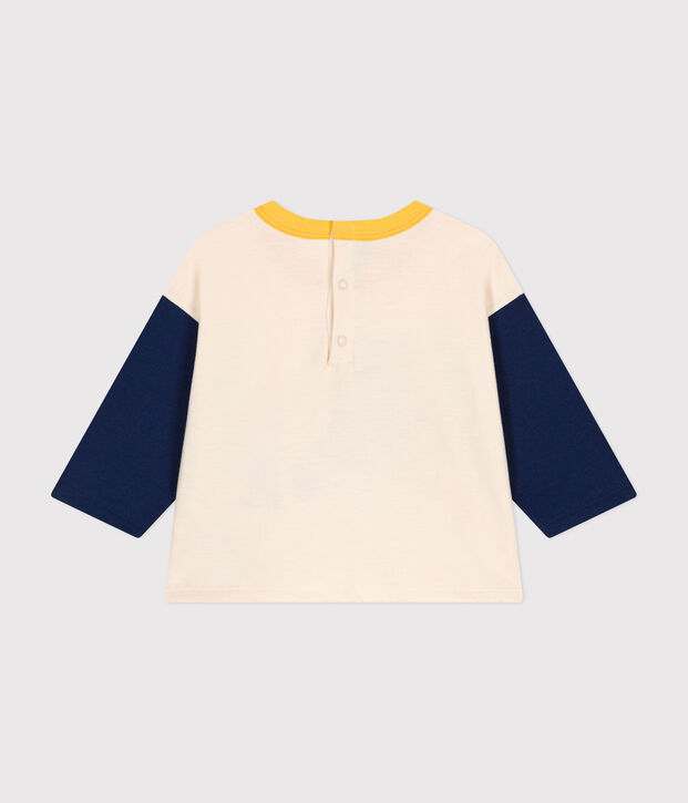 Babies' long-sleeved fine jersey T-shirt Ecru/blue